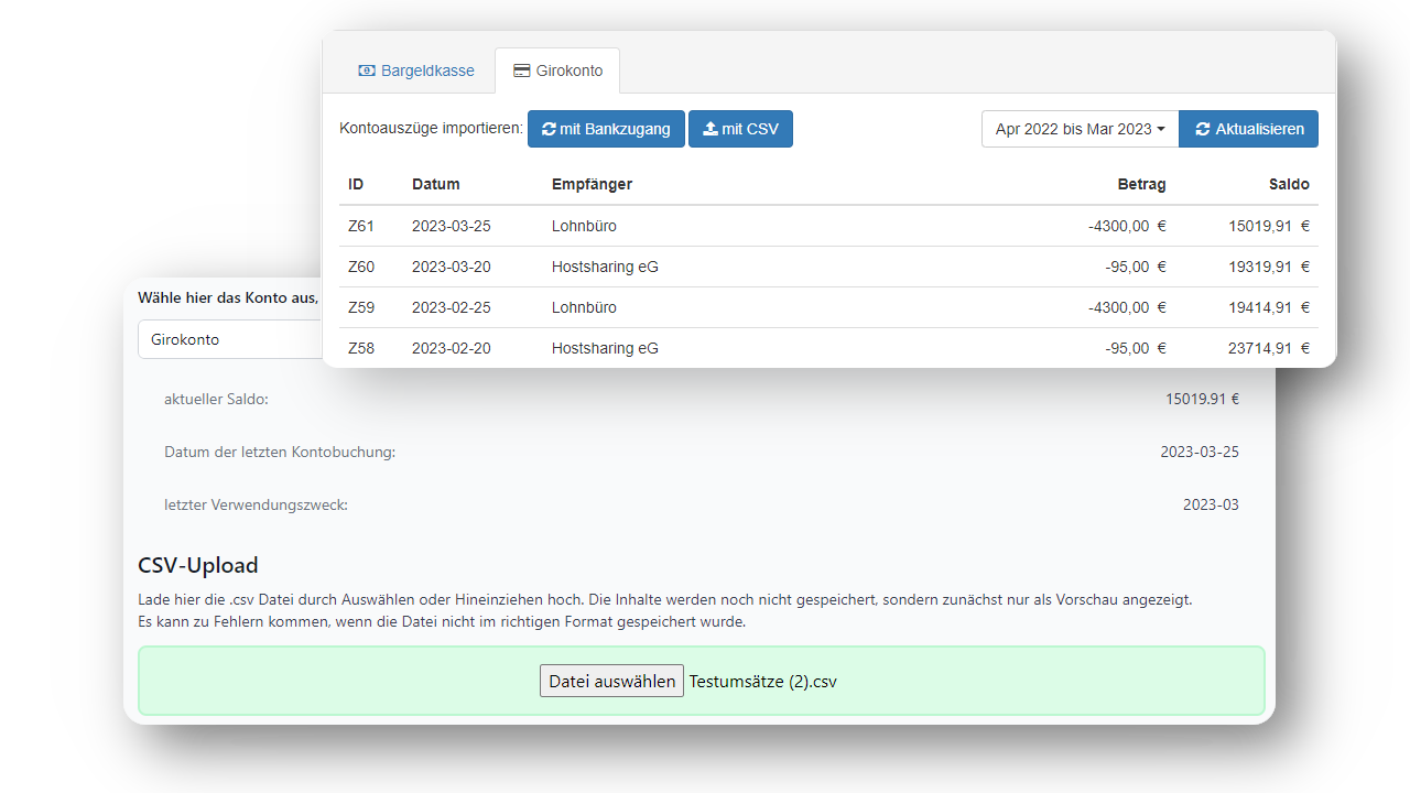 Bildschirmausschnitte von der Kontoansicht und dem CSV Import