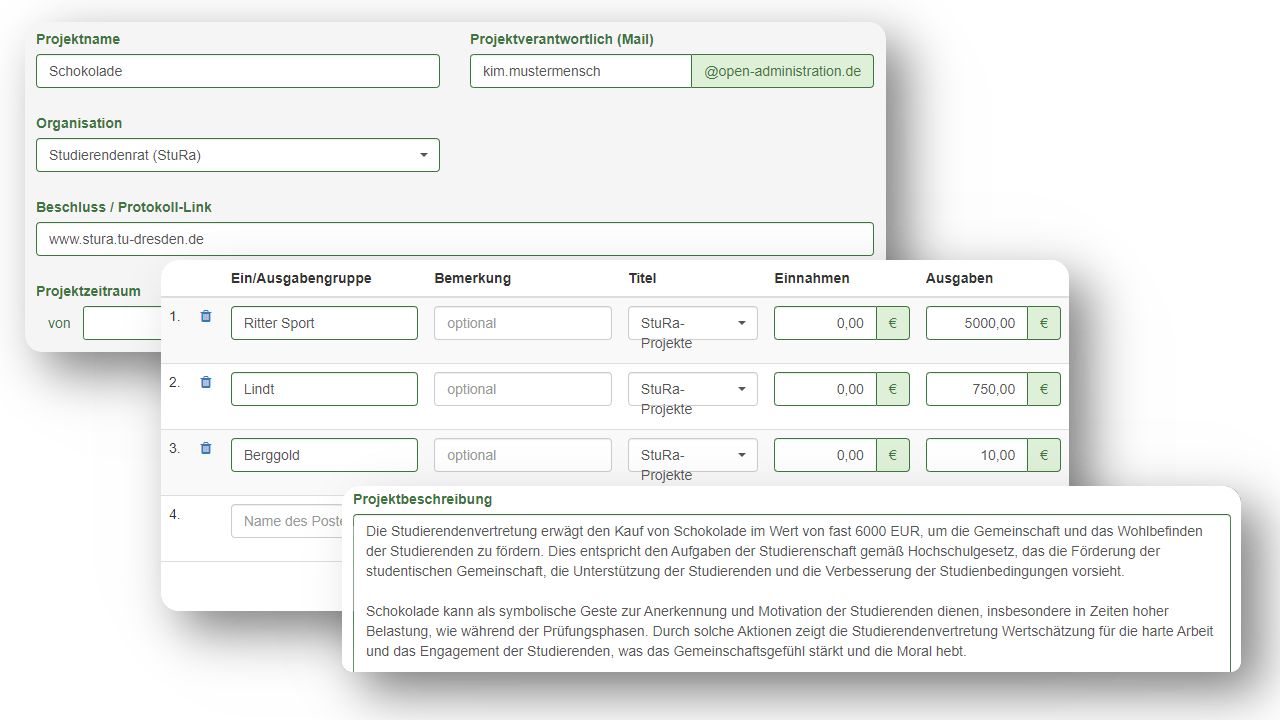 Bildschirmausschnitt vom Projektformular